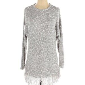 SAKS FIFTH AVENUE Size X-Small Gray Cream Marled Tunic Sweater Fringe Crewneck